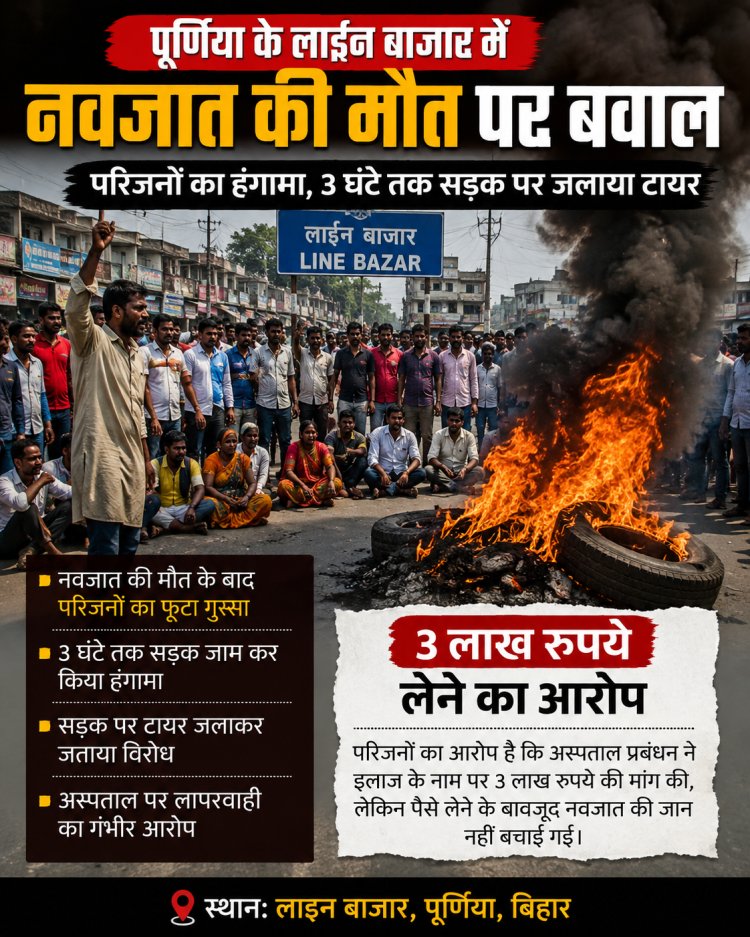 पूर्णिया के लाइन बाजार में नवजात की मौत पर बवाल: परिजनों का हंगामा, 3 घंटे तक सड़क पर जलाया टायर; 3 लाख रुपये लेने का आरोप