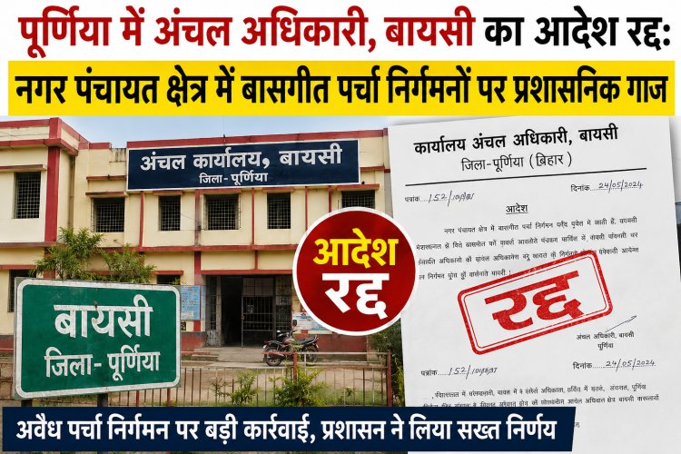 पूर्णिया में बायसी अंचलाधिकारी का आदेश रद्द: नगर पंचायत क्षेत्र में अवैध बासगीत पर्चा निर्गमन पर प्रशासनिक गाज